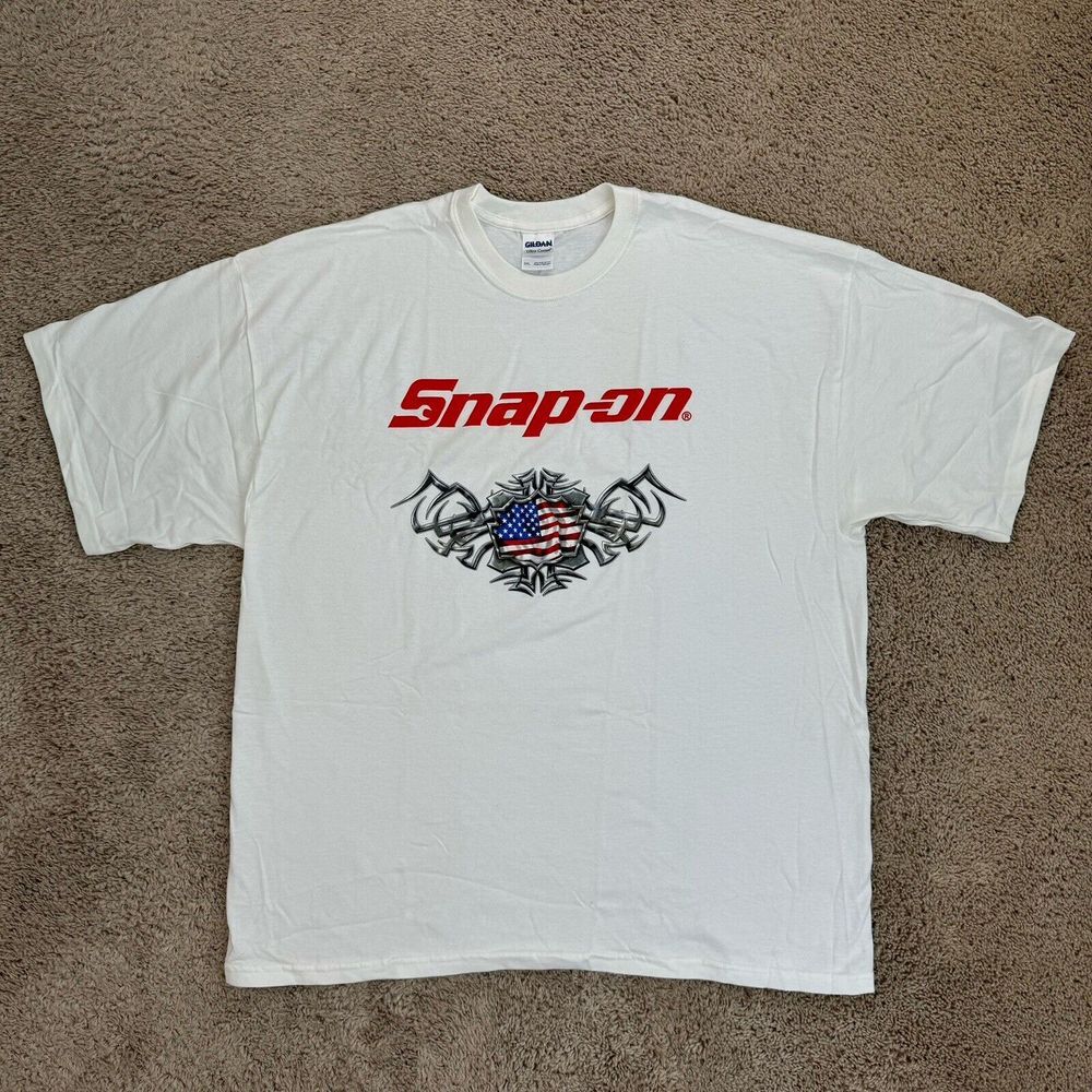 Vtg Snap On Tools T Shirt Mens XXL‎ White Script W/American Flag Over Shield NOS